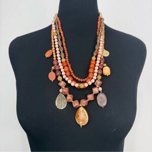 Chico's Earth-tone Orange Gold Tone Multi Strand Beaded Boho Statement Necklace